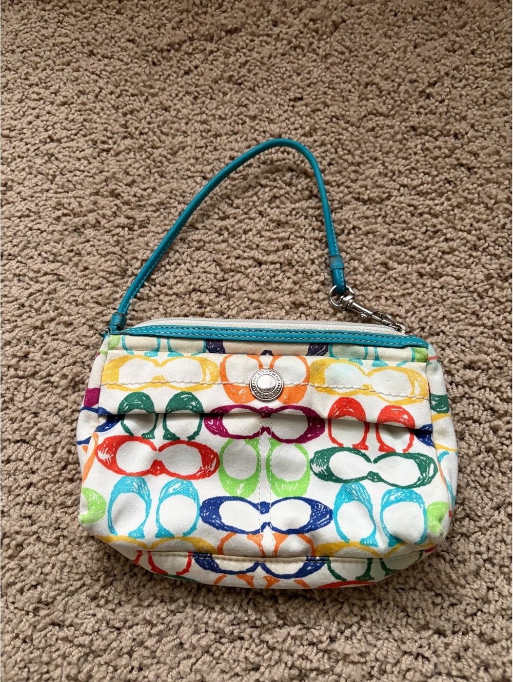 Vintage Coach Rainbow Monogram Mini Pochette Wristlet Clutch Y2K Retro canvas